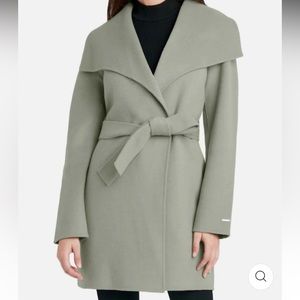 Tahari Elle Tie Belt Wool Blend Coat in Sage